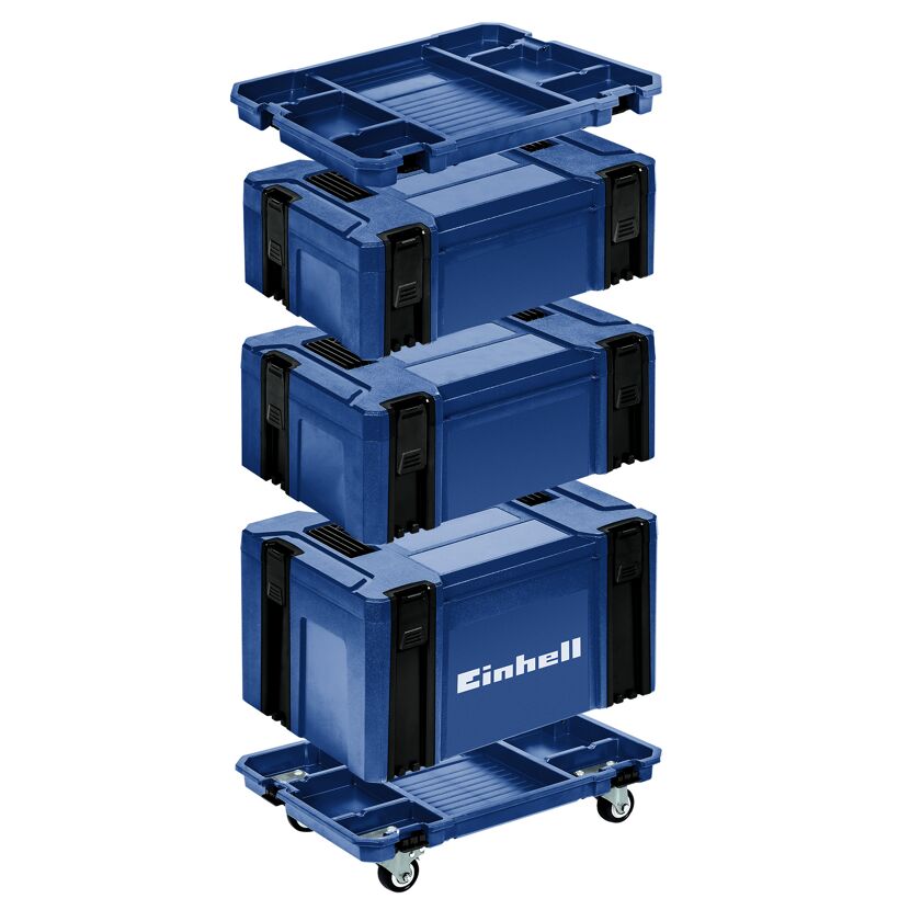 Fünf blaue Einhell Systemkoffer aufeinander und auf Transportroller