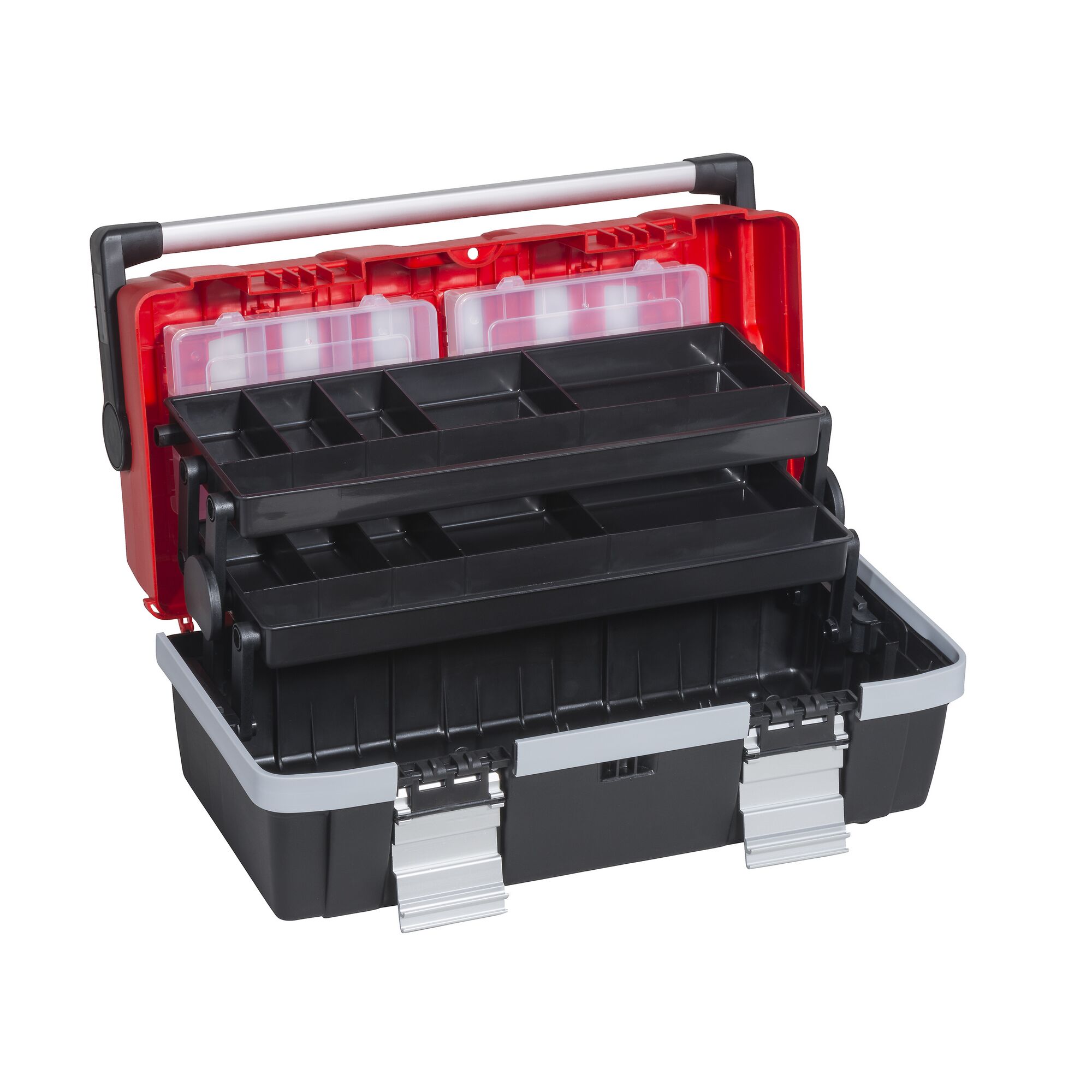 Geöffneter Werkzeugkasten mit Fächern und Tragegriff