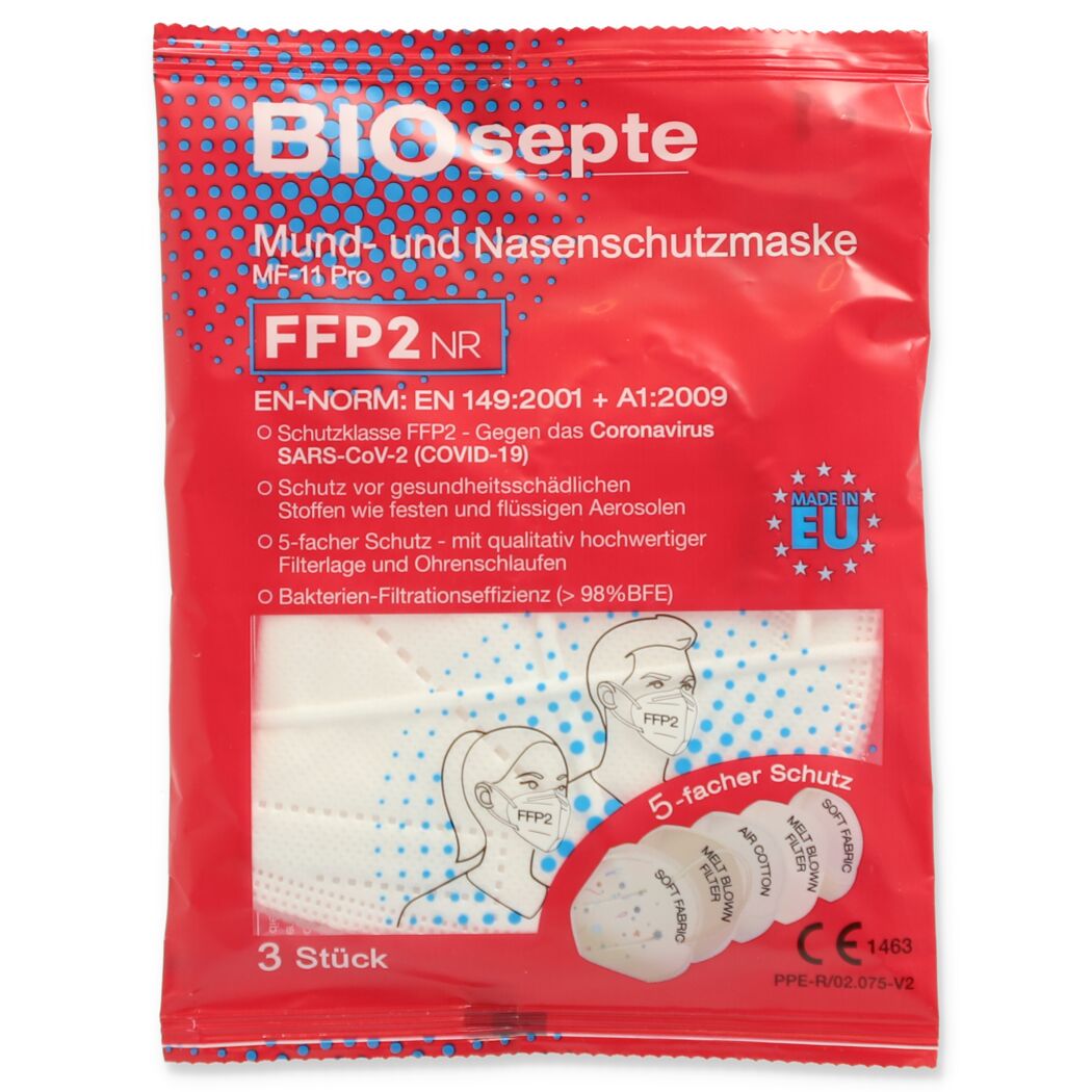 Drei weiße FFP2-Masken in Verpackung