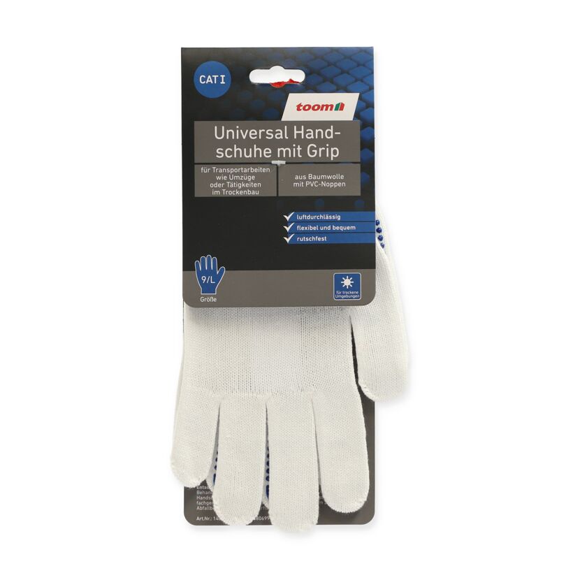 Weiße Universal-Handschuhe mit blauen Noppen an der Verpackung