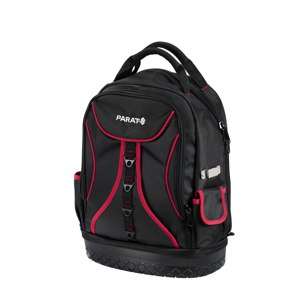 Schwarzer Werkzeugrucksack mit roten Details
