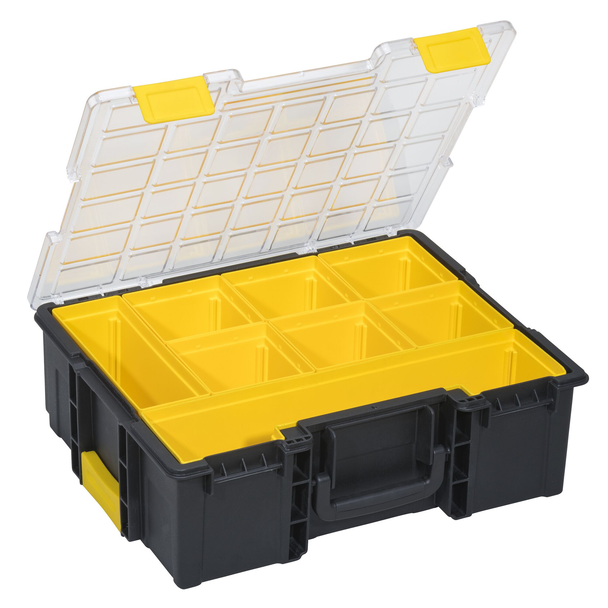 Schwarzer Kleinteilekoffer mit gelben Fächern und transparentem Deckel