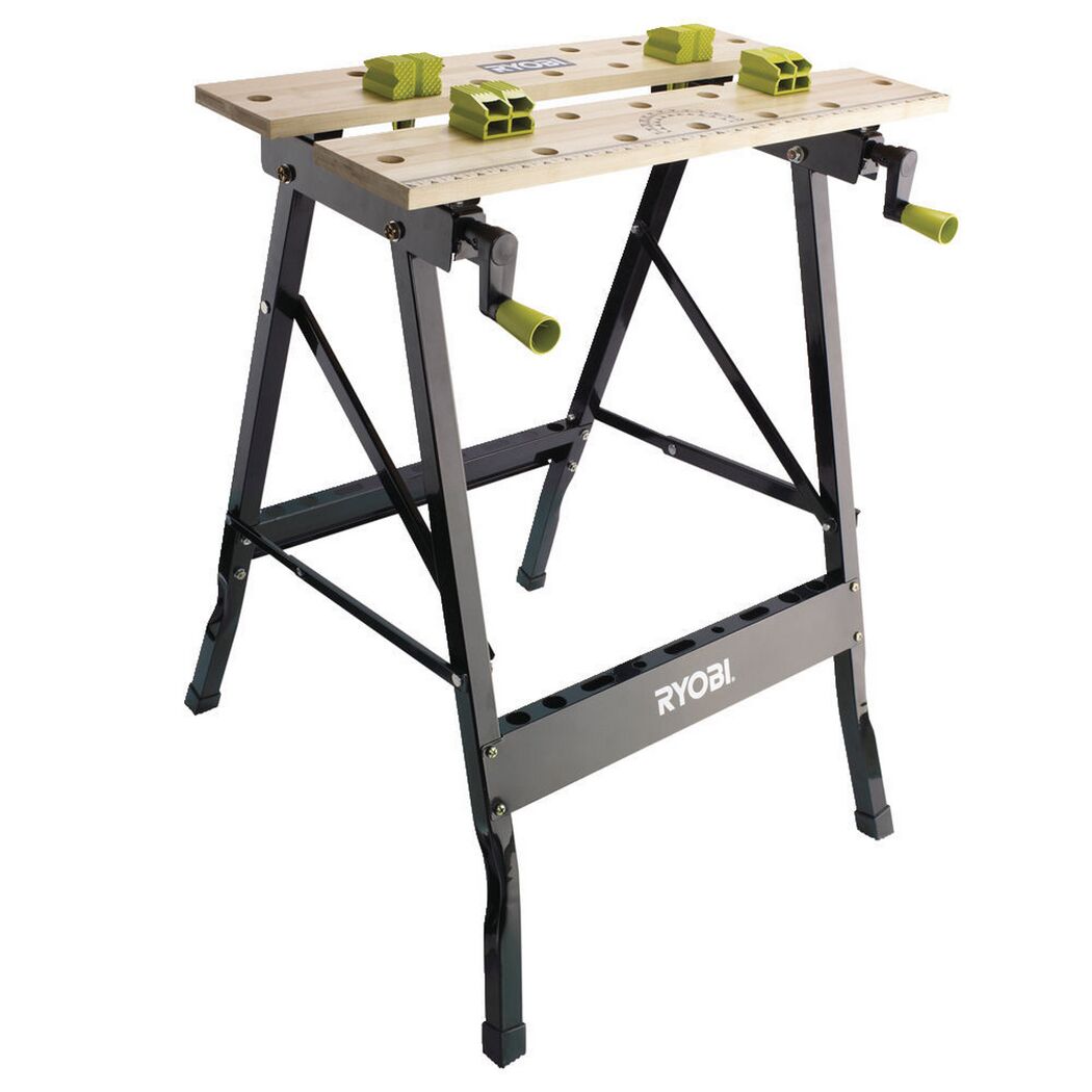RYOBI Werkbank mit grünen Schraubzwingen