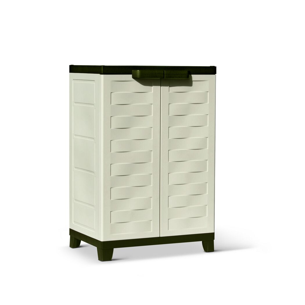 Kleiner Kunststoffschrank in beige mit dunkelgrünen Füßen und Griffen.