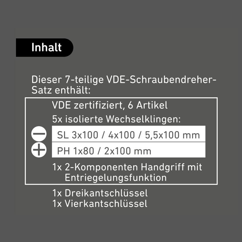Inhalt eines 7-teiligen VDE-Schraubendreher-Satzes