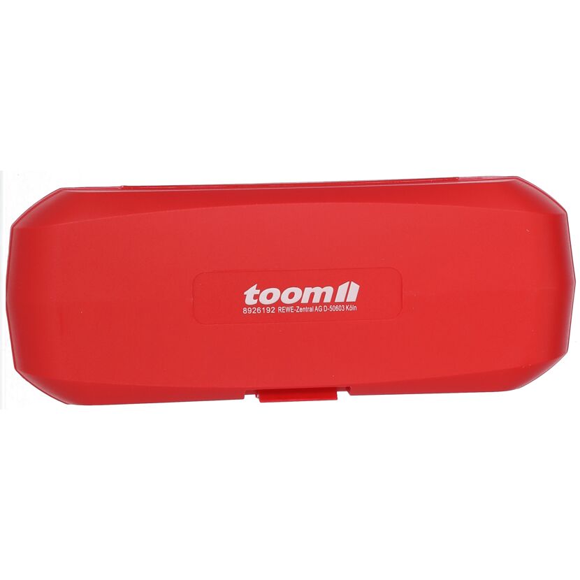 Roter Kunststoffkasten für VDE-Schraubendreher mit toom Logo.