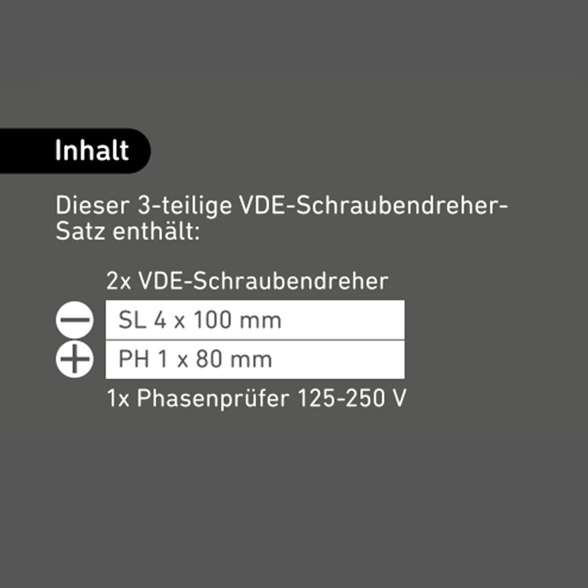Inhalt eines 3-teiligen VDE-Schraubendreher-Sets mit Phasenprüfer