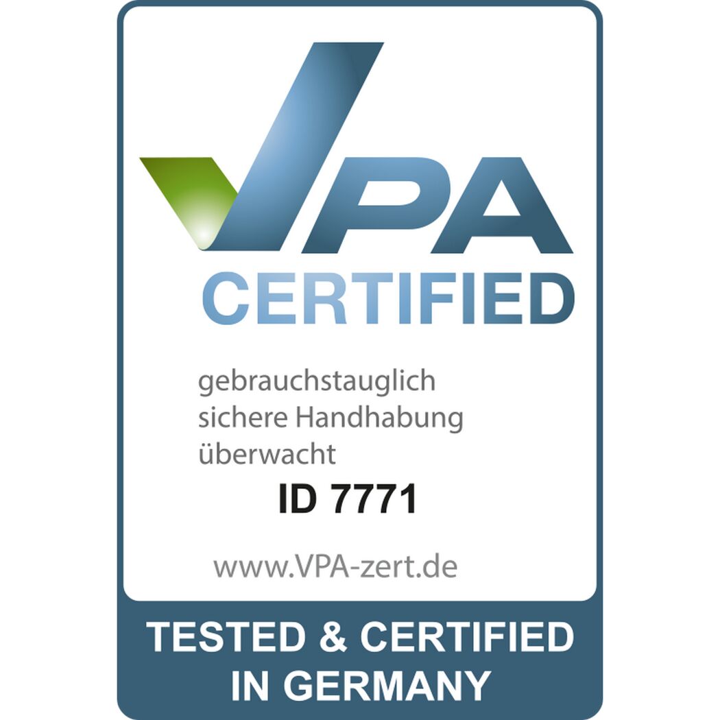 VPA-Zertifikat: Gebrauchstauglich, sichere Handhabung, überwacht, ID 7771, getestet und zertifiziert in Deutschland.