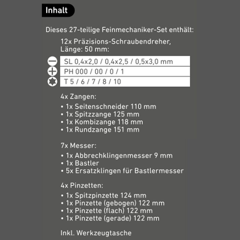 Inhalt des 27-teiligen Feinmechaniker-Sets