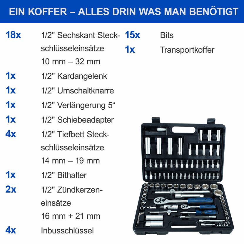 Werkzeugkoffer mit Steckschlüssel-Satz, Bits und Knarre