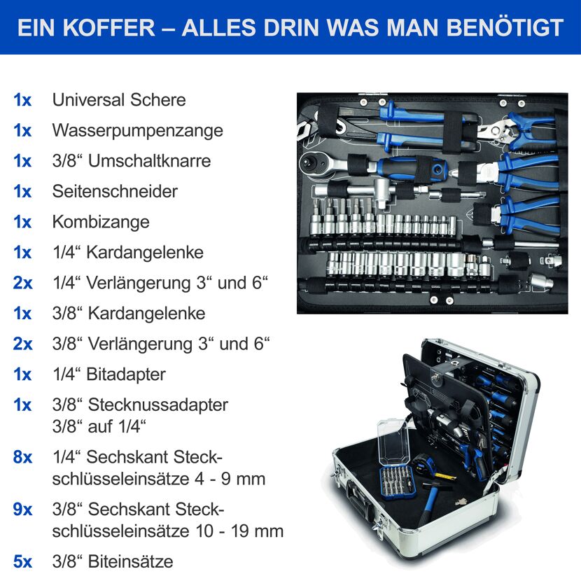 Werkzeugkoffer mit Zangen, Schraubendrehern, Bits und Stecknüssen