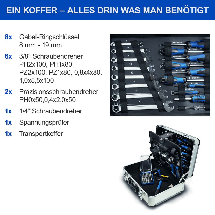 Werkzeugkoffer mit Schraubendrehern und Gabelschlüsseln.