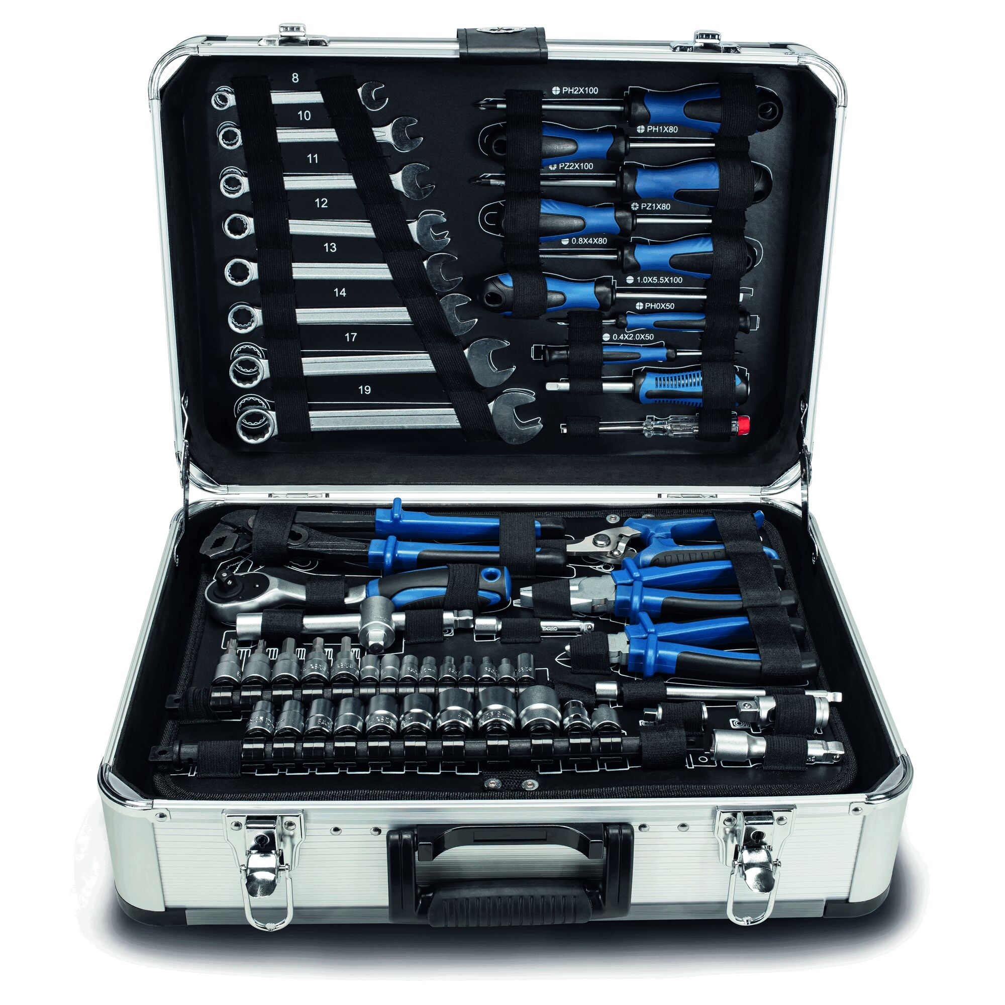 Werkzeugkoffer mit Schraubenschlüsseln, Zangen und Schraubendrehern