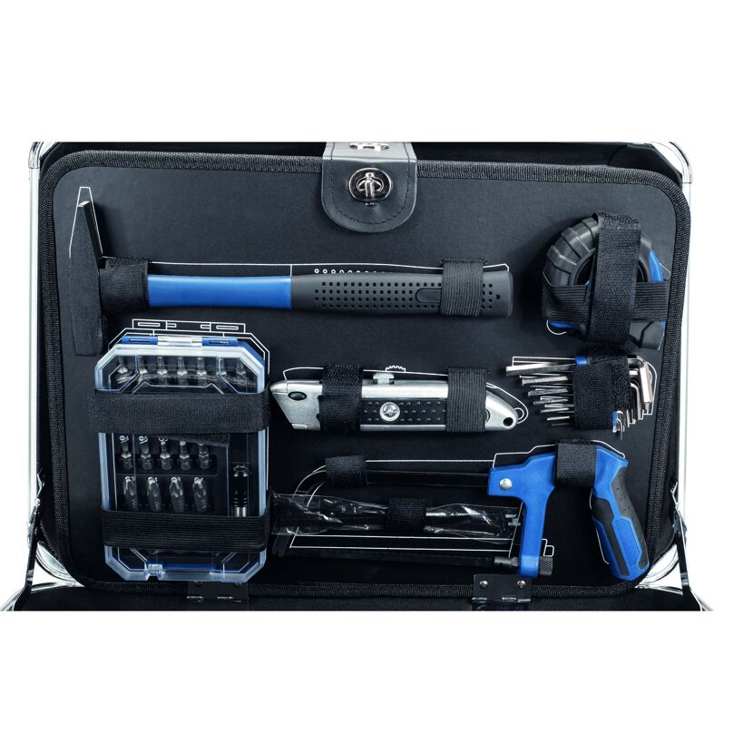 Werkzeugkoffer mit Hammer, Cuttermesser, Zollstock und weiterem Werkzeug