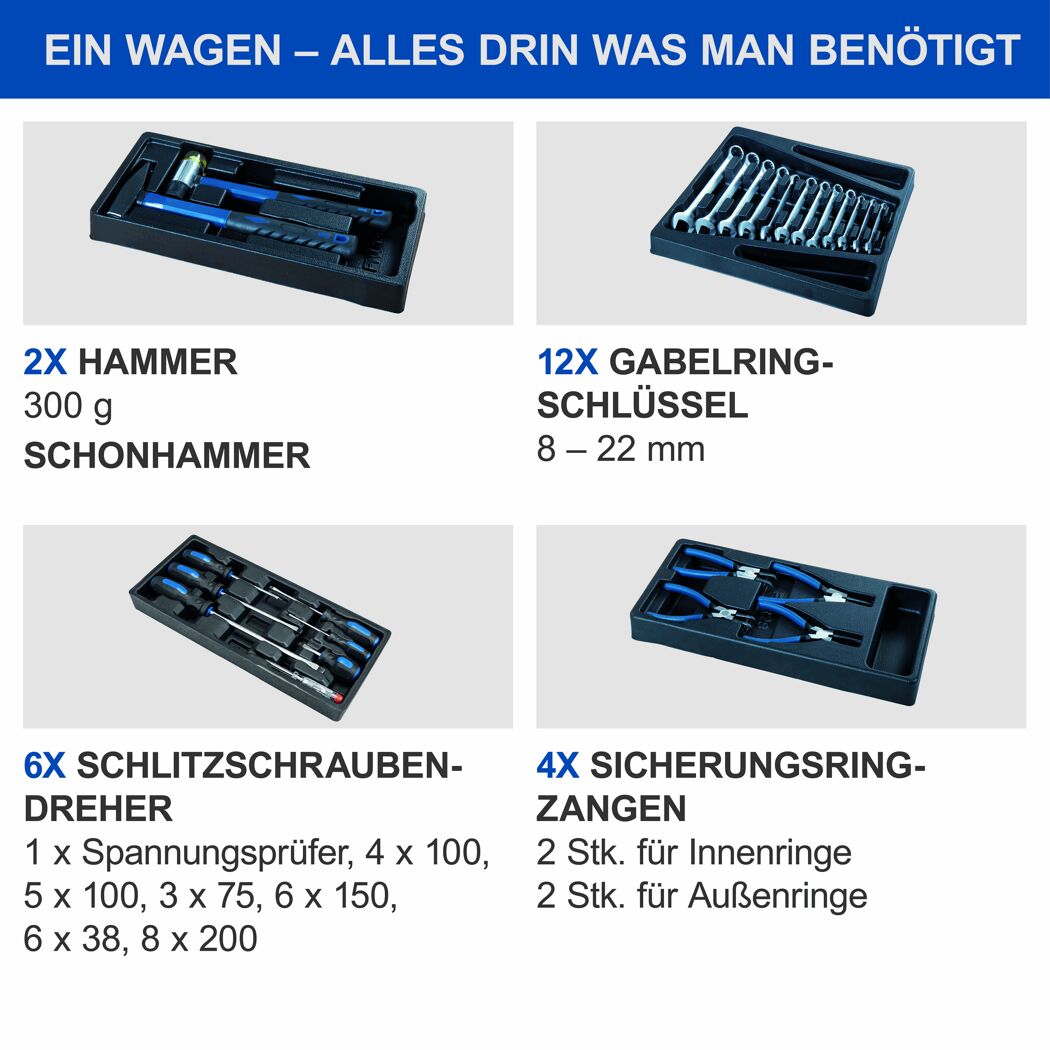 Werkzeugset mit Hämmern, Schraubendrehern, Gabelschlüsseln und Zangen