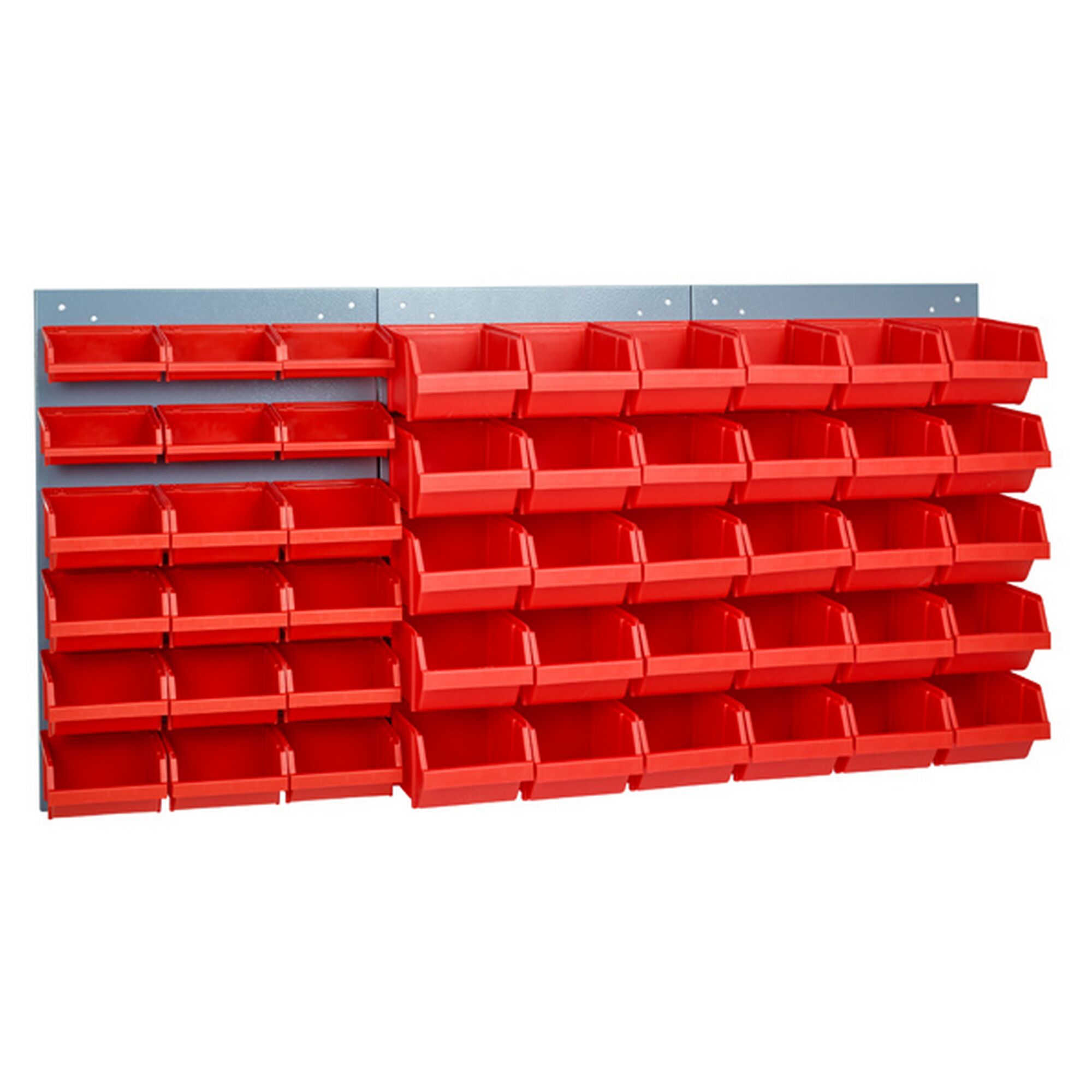 Schlitzpaneel mit 48 roten Sichtboxen in drei Größen.