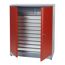 Offener roter Materialschrank mit Metallschubladen