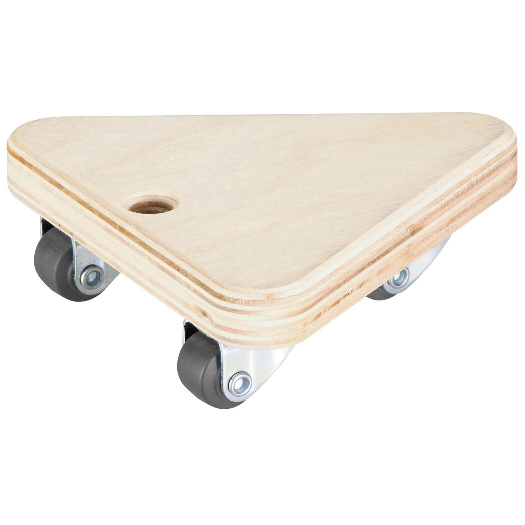 Dreieckiger Möbelroller aus Holz mit drei Rollen.