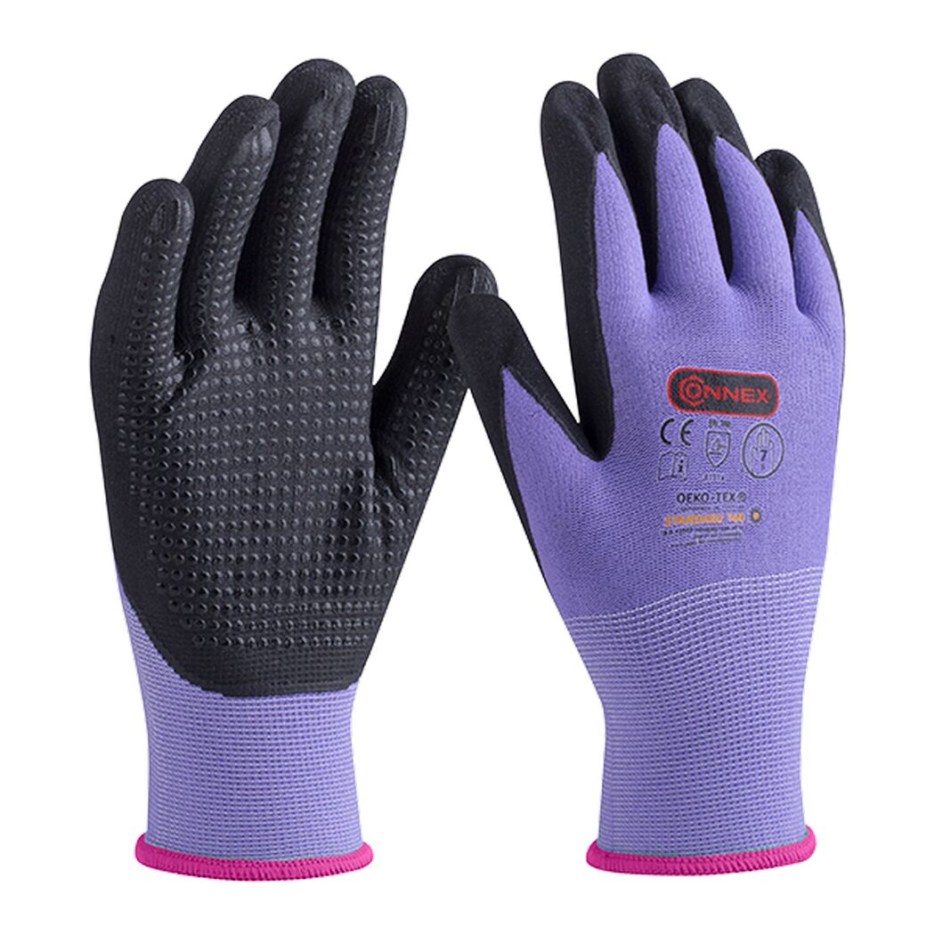 Ein Paar violette Arbeitshandschuhe mit schwarzen Handflächen