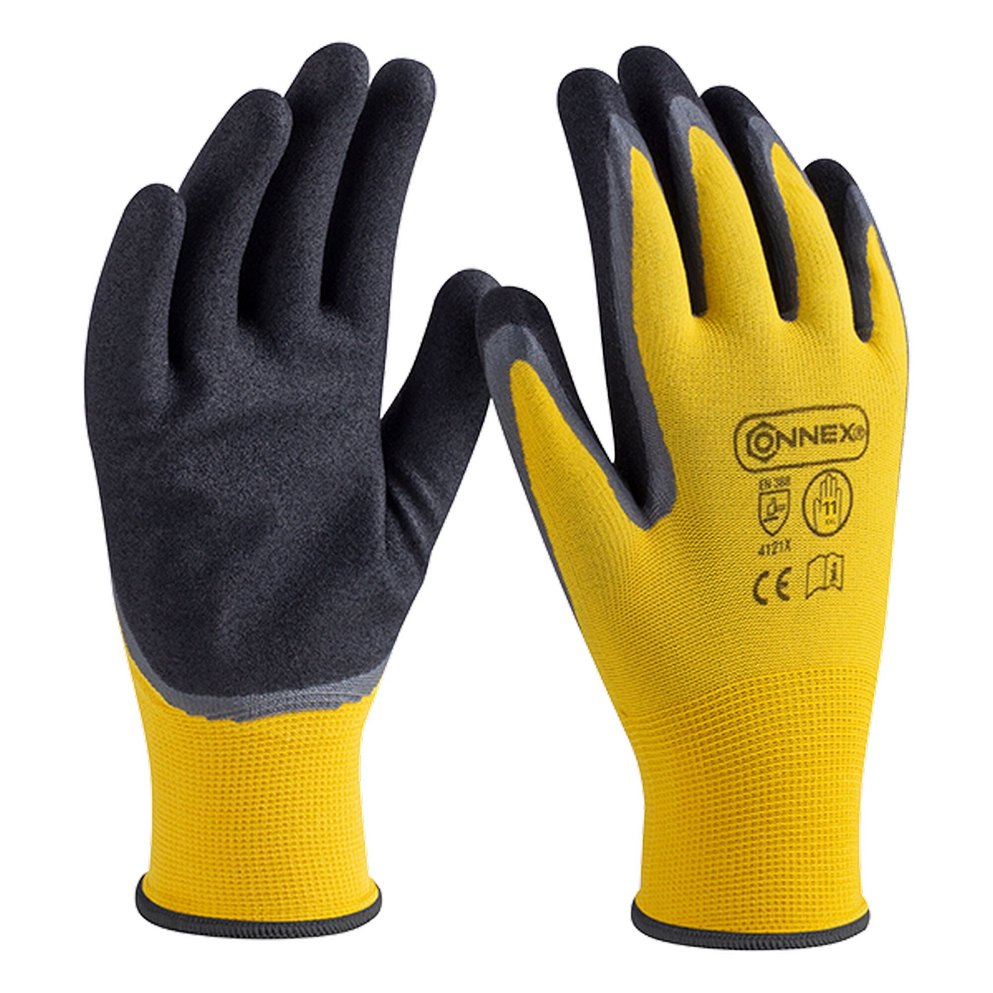 Gelbe Arbeitshandschuhe mit schwarzer Beschichtung