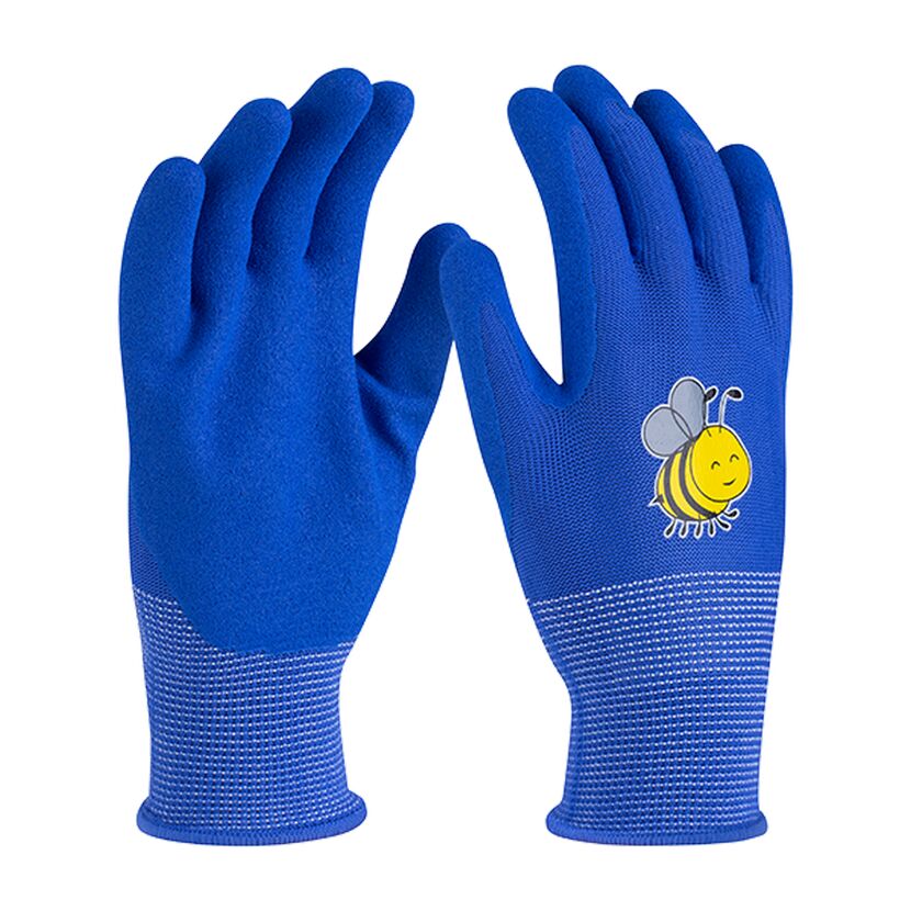Zwei blaue Kinder-Gartenhandschuhe mit Bienen-Motiv