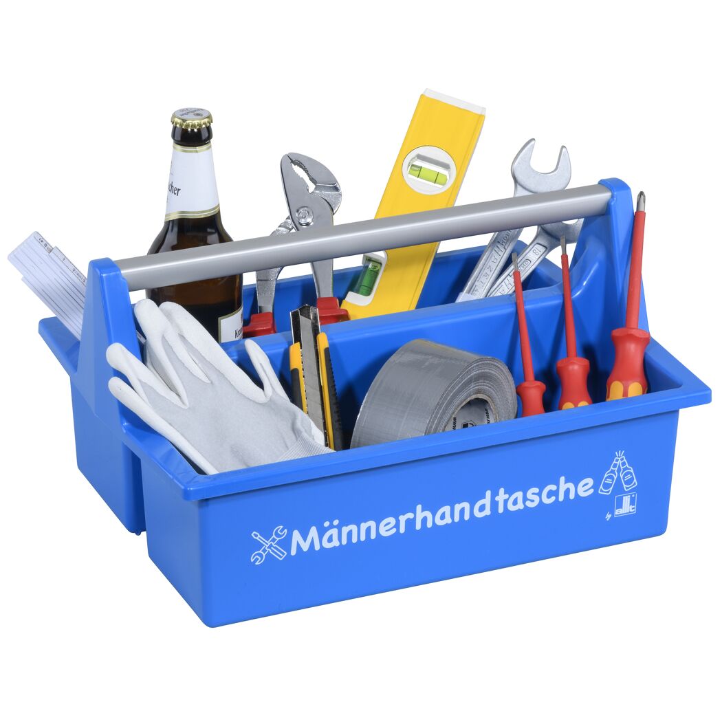 Blauer Werkzeugkasten mit Werkzeug und Bierflasche