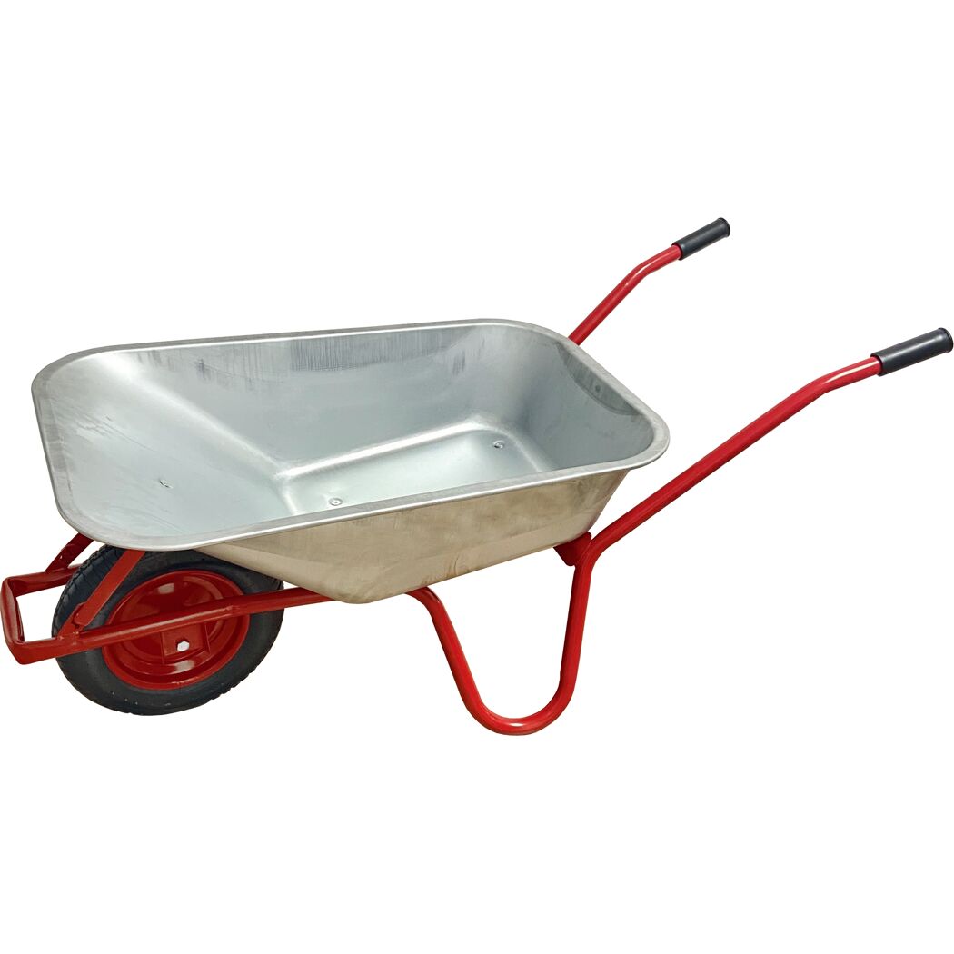 Rote Schubkarre mit leerer Wanne