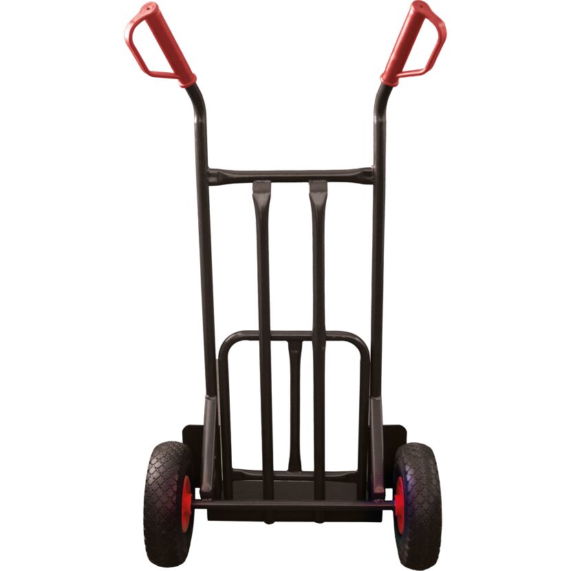 Schwarze Sackkarre mit roten Griffen