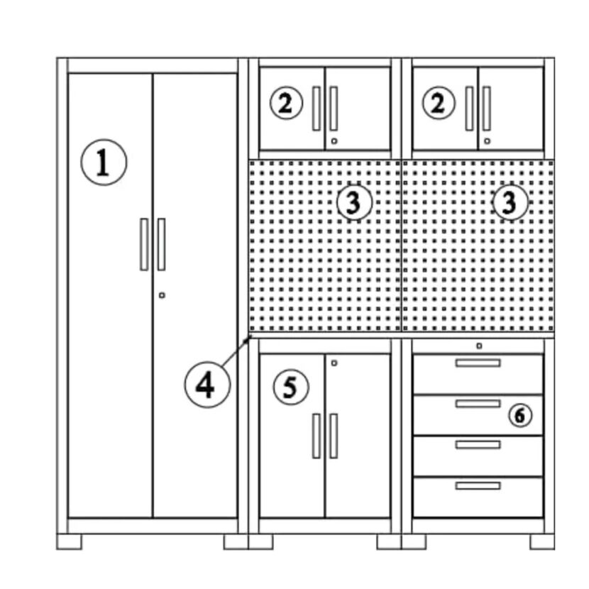 Schrank mit Schubladen und Lochwand.
