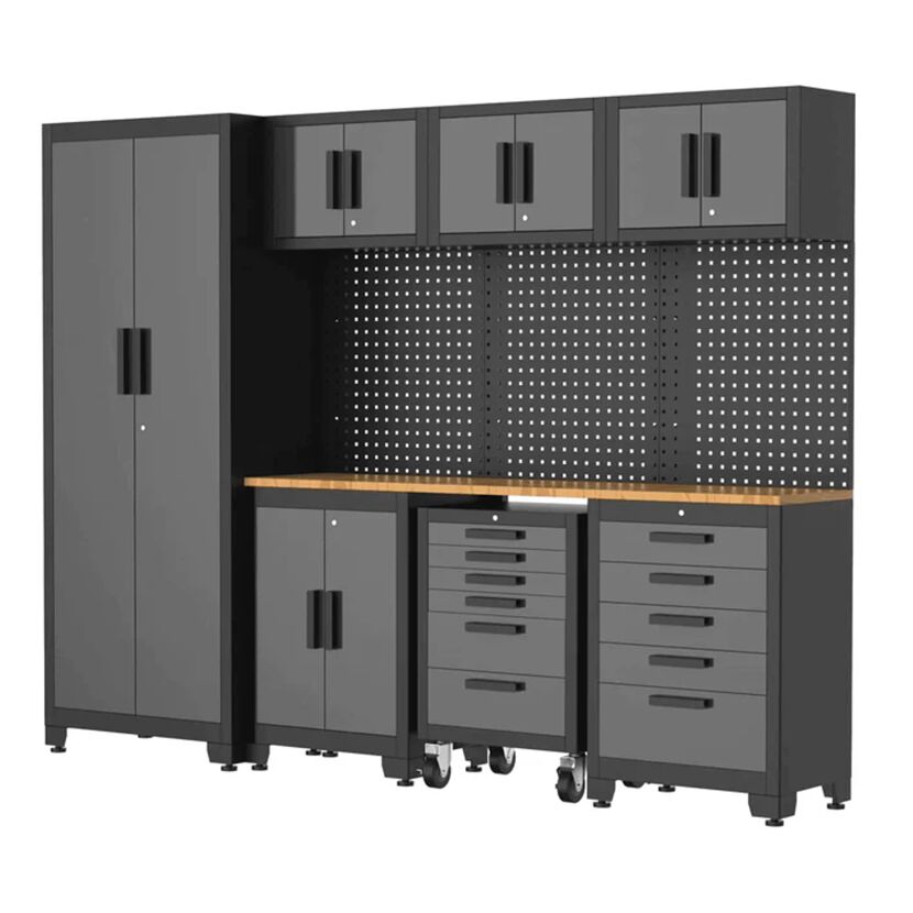 Grauer Werkstattschrank mit Werkbank