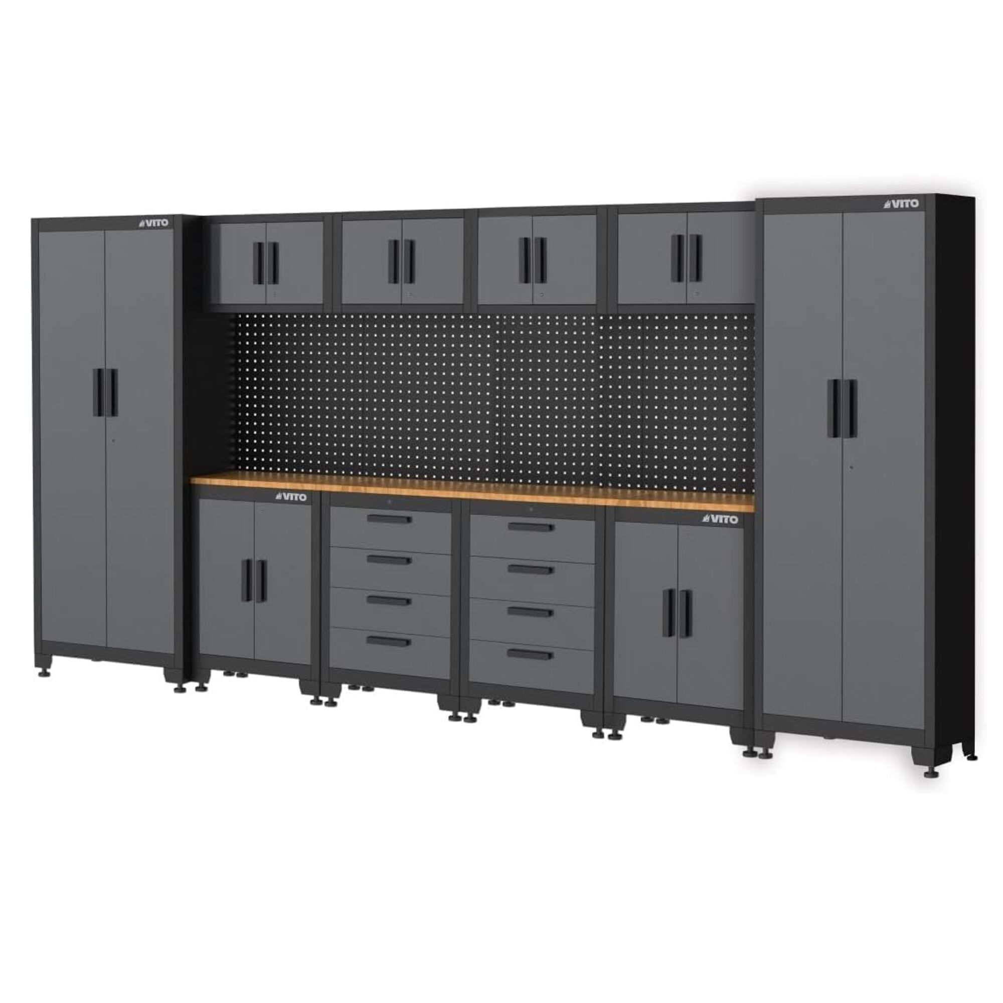 Grauer Werkstattschrank mit Schubladen und Werkbank