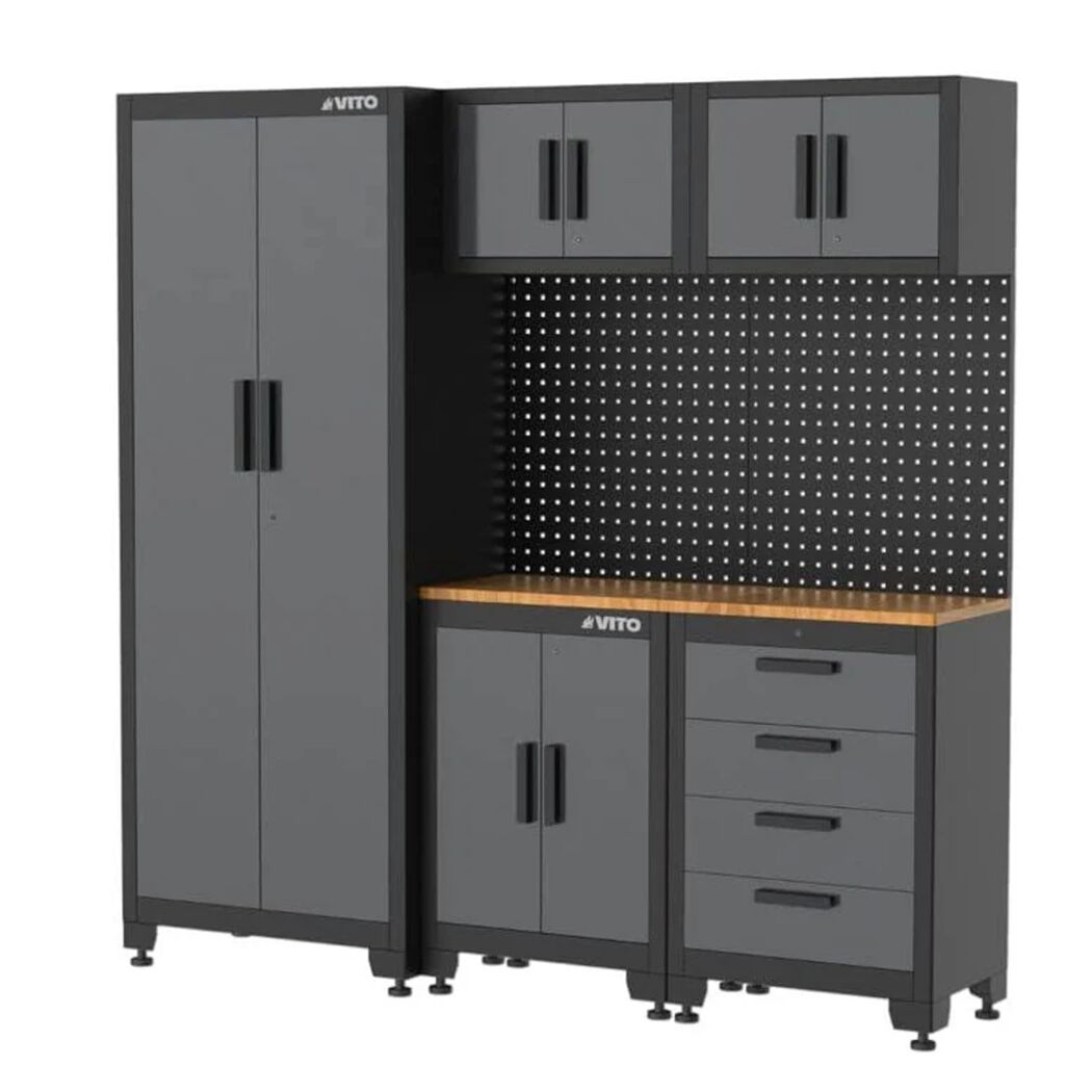 Grauer Werkstattschrank mit Werkbank