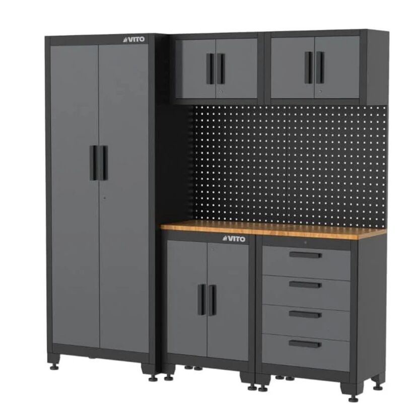 Grauer Werkstattschrank mit Werkbank