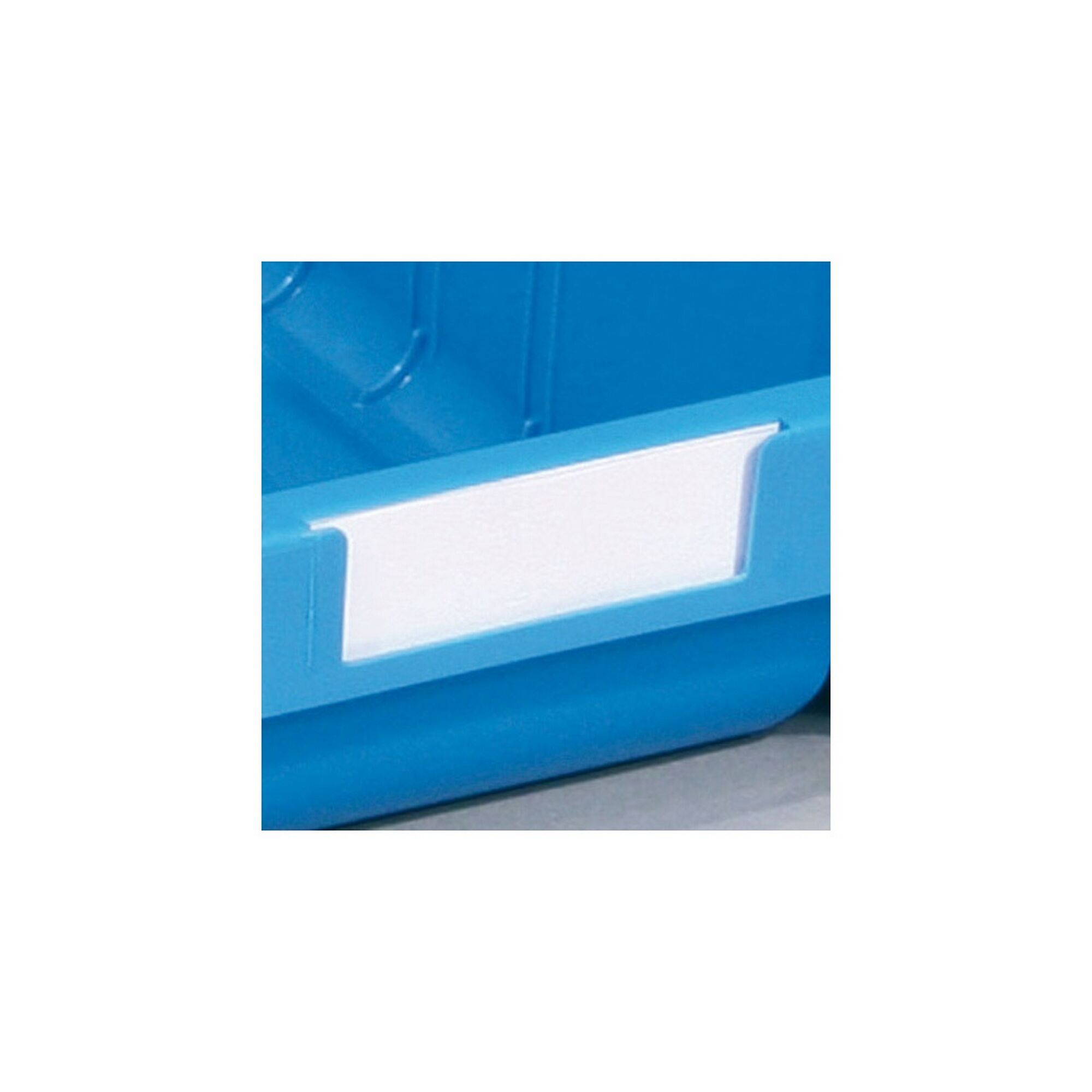 Blaue Aufbewahrungsbox mit weißem Etikett