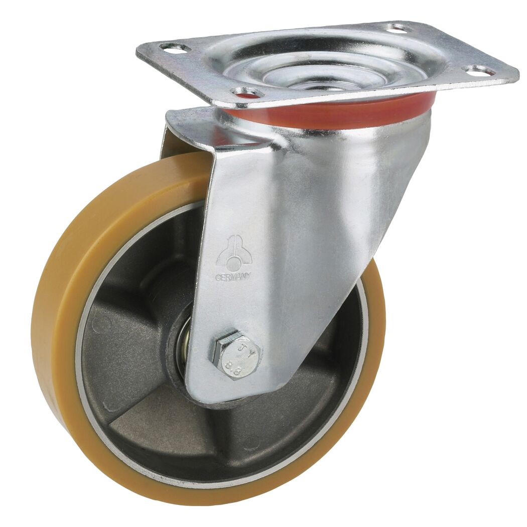 Transportgeräte-Lenkrolle mit Platte, verzinkt, Aluminium-Druckguss Felge mit Kugellager, Lauffläche aus Polyurethan, 100 x 30 mm
