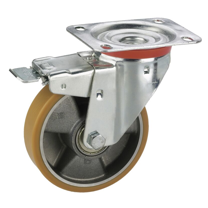 Transportgeräte-Lenkrolle mit Platte und Totalfeststeller, verzinkt, Aluminium-Druckguss Felge mit Kugellager, Lauffläche aus Polyurethan, 100 x 30 mm