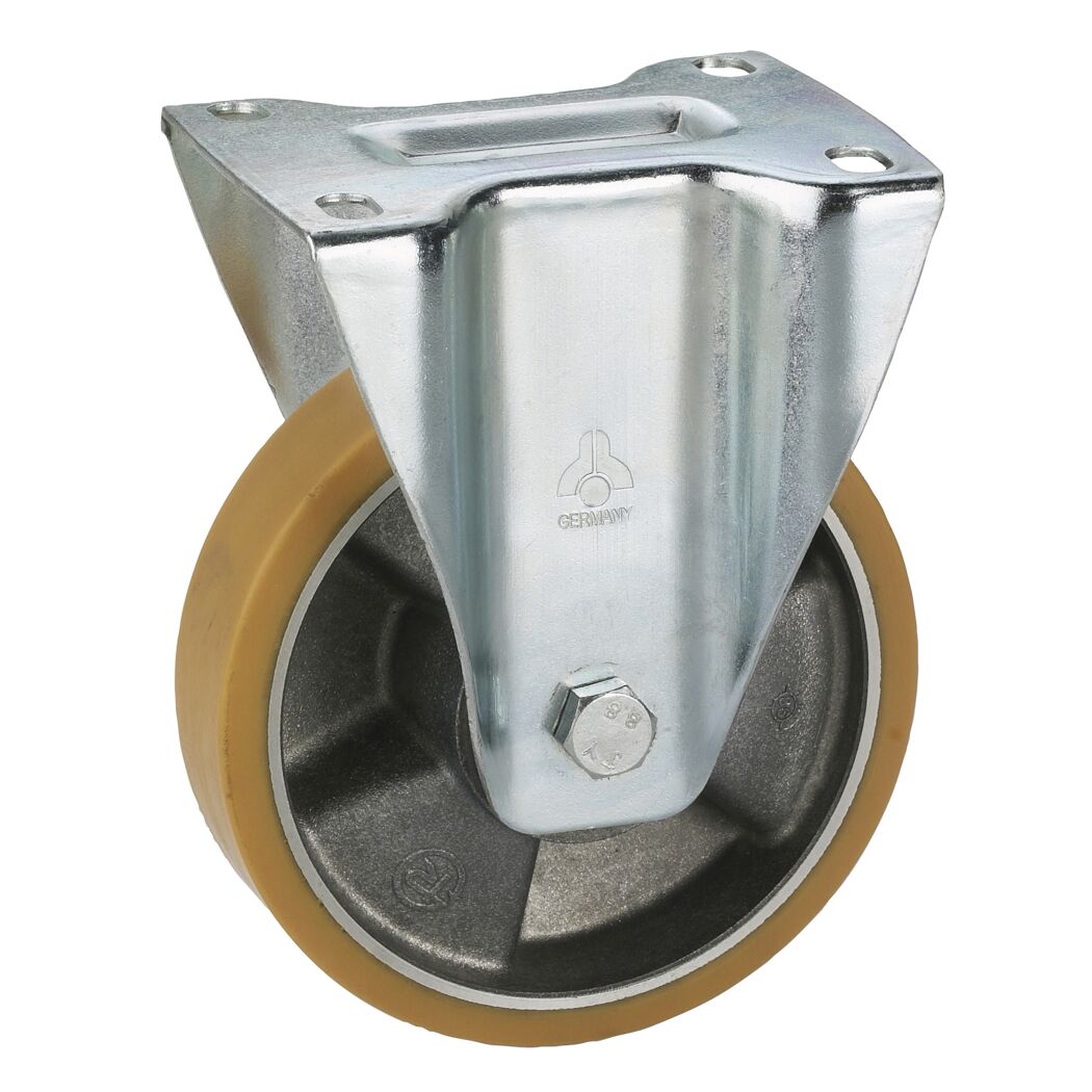Transportgeräte-Bockrolle, verzinkt, Aluminium-Druckguss Felge mit Kugellager, Lauffläche aus Polyurethan, 100 x 30 mm