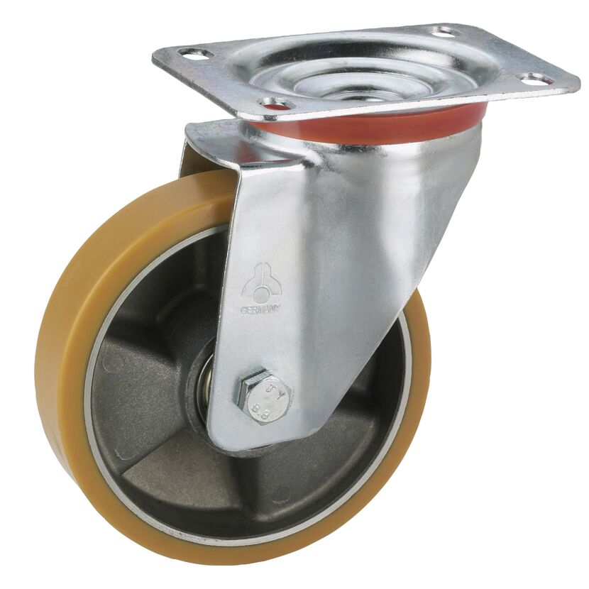 Transportgeräte-Lenkrolle mit Platte, verzinkt, Aluminium-Druckguss Felge mit Kugellager, Lauffläche aus Polyurethan, 125 x 30 mm