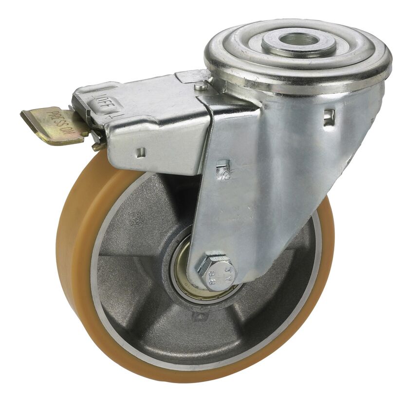 Transportgeräte-Lenkrolle mit Rückenloch und Totalfeststeller, verzinkt, Aluminium-Druckguss Felge mit Kugellager, Lauffläche aus Polyurethan, 125 x 35 mm