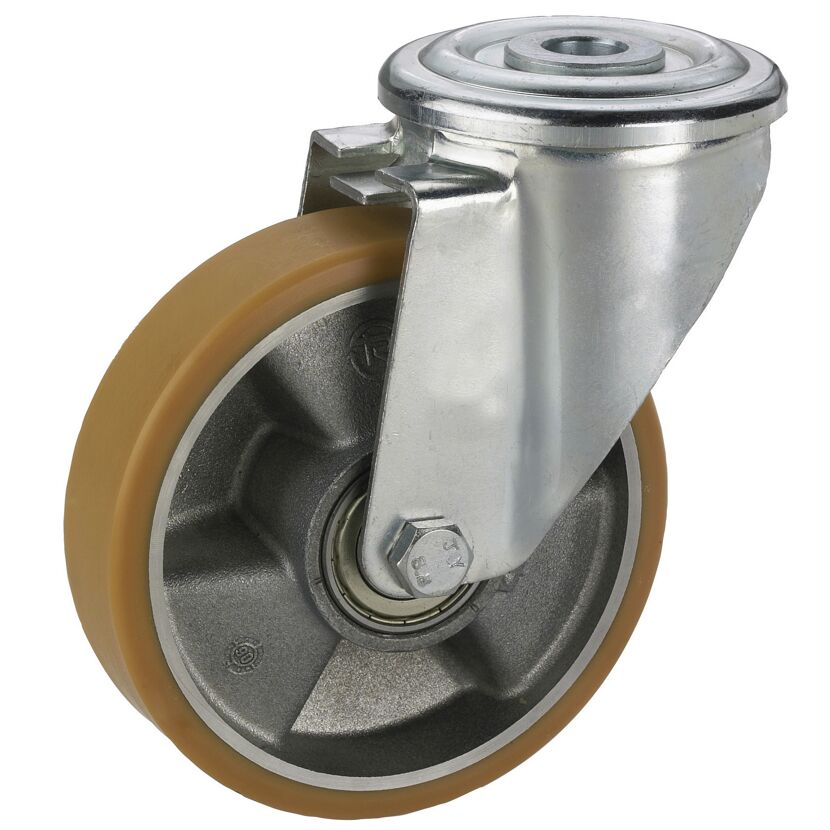 Transportgeräte-Lenkrolle mit Rückenloch, verzinkt, Aluminium-Druckguss Felge mit Kugellager, Lauffläche aus Polyurethan, 160 x 50 mm