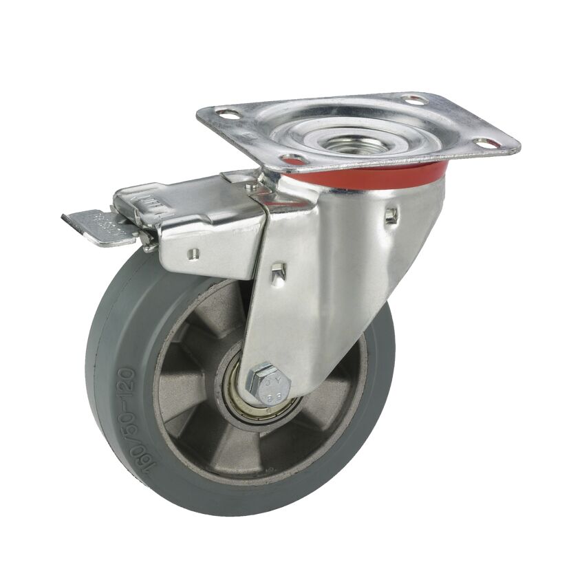 Transportgeräte-Lenkrolle mit Platte und Totalfeststeller, verzinkt, Aluminium-Druckguss Felge mit Kugellager, Elastik Vollgu mmireifen grau, 100 x 40 mm