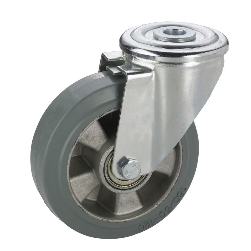 Transportgeräte-Lenkrolle mit Rückenloch, verzinkt, Aluminium-Druckguss Felge mit Kugellager, Elastik Vollgu mmireifen grau, 100 x 40 mm