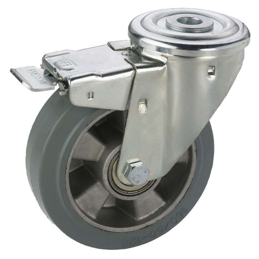 Transportgeräte-Lenkrolle mitRückenloch und Totalfeststeller, verzinkt, Aluminium-Druckguss Felge mit Kugellager, Elastik Vollgu mmireifen grau, 100 x 40 mm