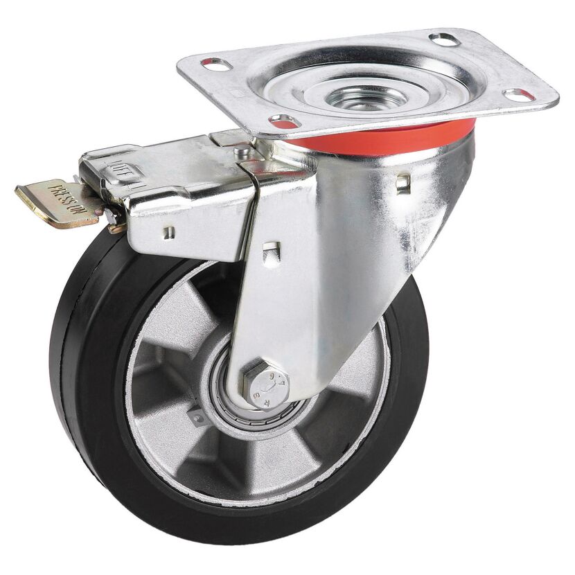 Transportgeräte-Lenkrolle mit Platte und Totalfeststeller, verzinkt, Aluminium-Druckguss Felge mit Kugellager, Elastik Vollgu mmireifen schwarz, 125 x 50 mm