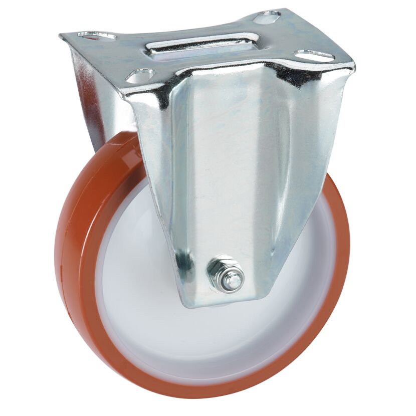 Transportgeräte-Bockrolle, V2A, Polyamidfelge mit Gleitlager, Lauffläche aus Polyurethan, 100 x 30 mm