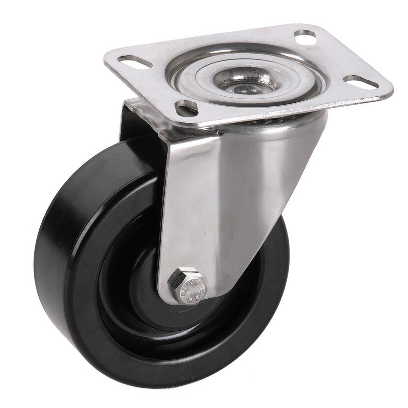 Transportgeräte-Lenkrolle mit Platte, V2A, Phenolharzrad hitzebeständig bis 250°C, Gleitlager,  80 x 35 mm