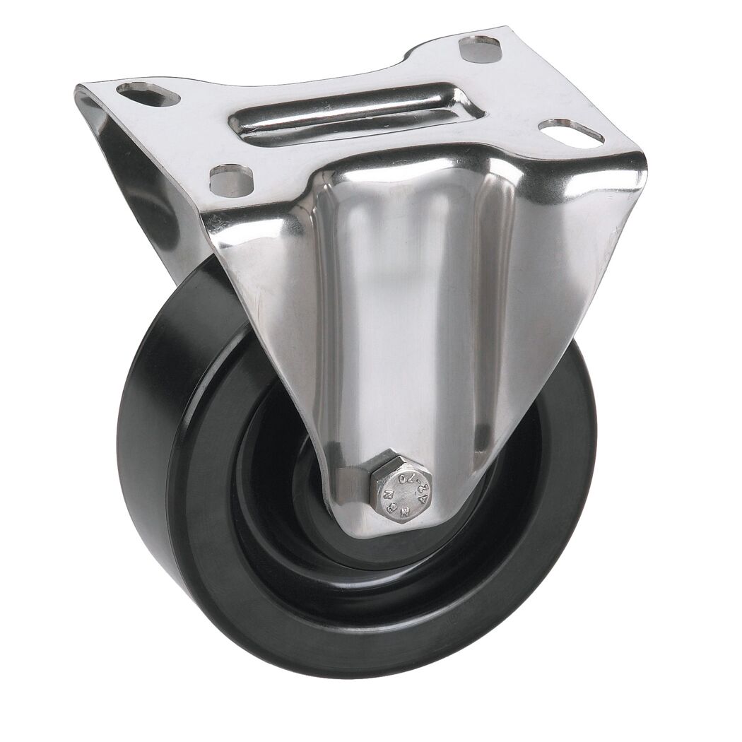 Transportgeräte-Bockrolle, V2A, Phenolharzrad hitzebeständig bis 250°C, Gleitlager,  80 x 35 mm