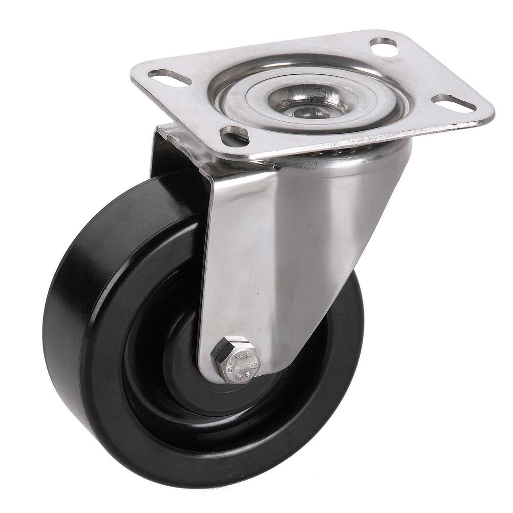 Transportgeräte-Lenkrolle mit Platte, V2A, Phenolharzrad hitzebeständig bis 250°C,  Gleitlager,  125 x 35 mm