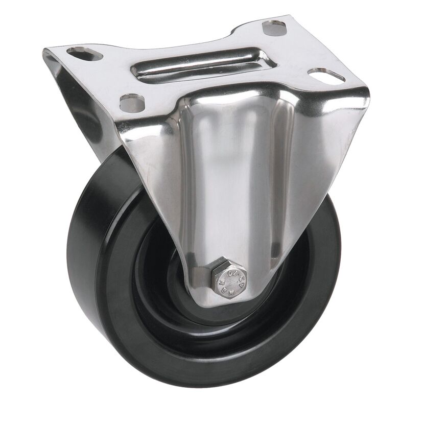 Transportgeräte-Bockrolle, V2A, Phenolharzrad hitzebeständig bis 250°C, Gleitlager, 125 x 35 mm