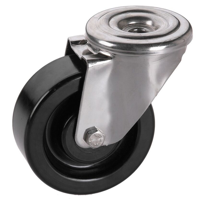 Transportgeräte-Lenkrolle mit Rückenloch, V2A, Phenolharzrad hitzebeständig bis 250°C, Gleitlager,  125 x 35 mm